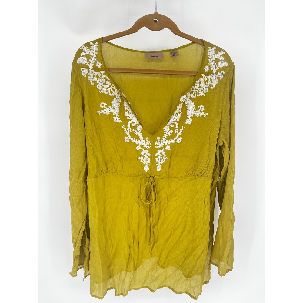 i.e. Womans Silk Blouse Embroidered Floral Babydoll Sheer Yellow Boho Sz 3X